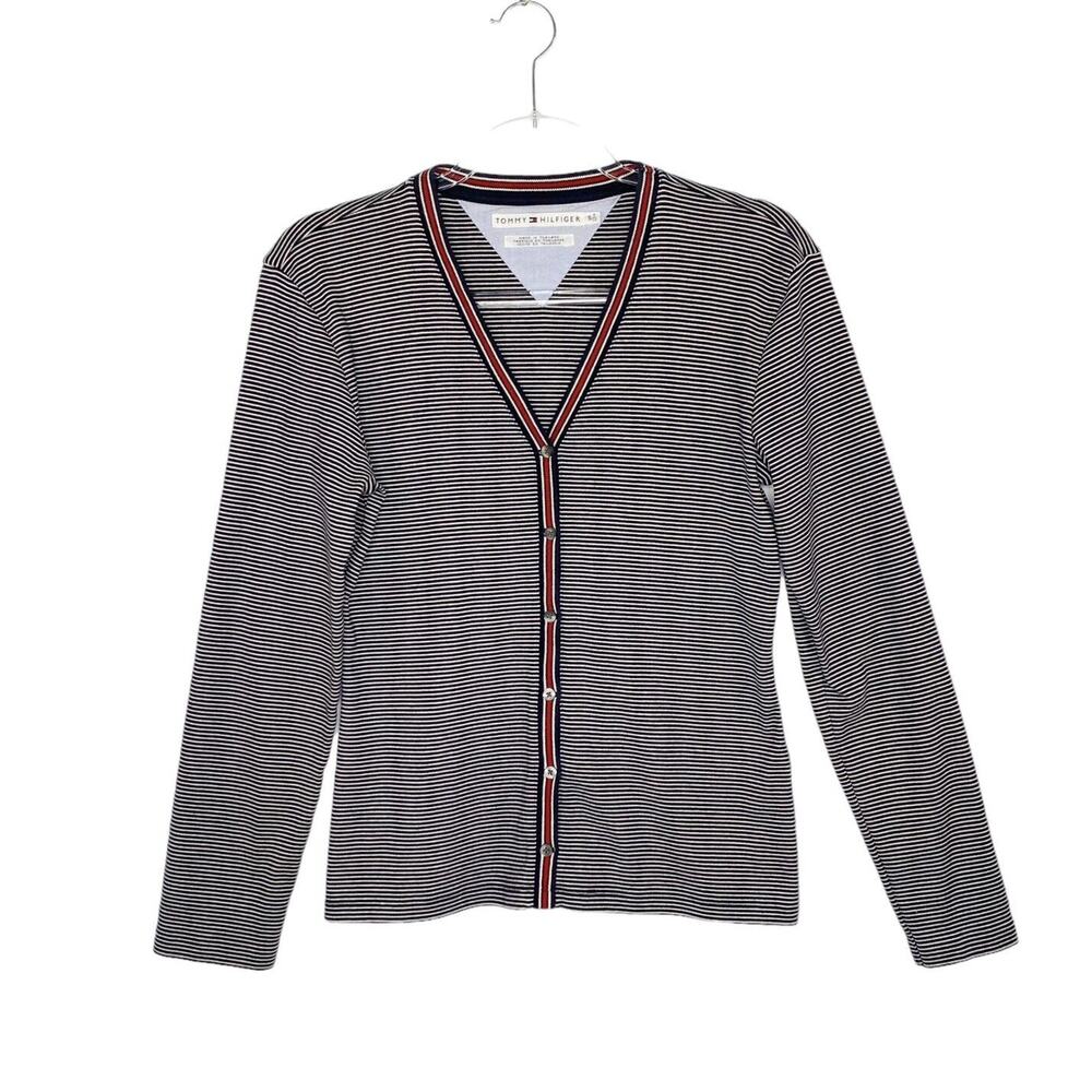 Tommy Hilfiger Cardigan Women Small Blue Vintage Striped Long Slvd V-Neck Cotton